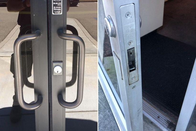 Closeup photo of door push bar and other hardware installed for an exterior entrance